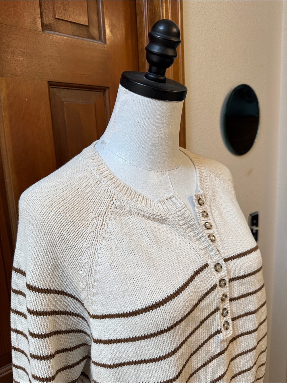 Sezane Cream & Brown Stripe Henley Sweater with Button Placket Size S - Picture 6 of 9